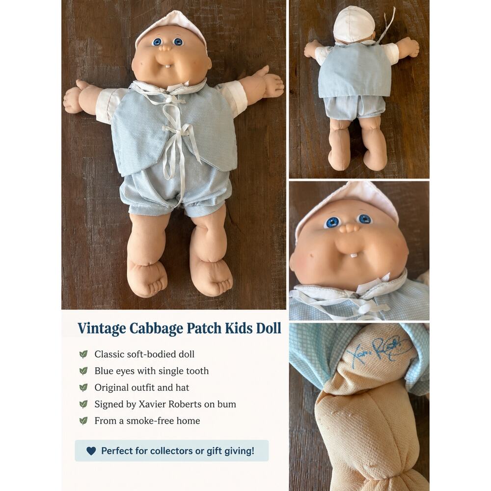 Vintage Cabbage Patch Kids Doll Xavier Roberts Signed Blue Eyes Baby